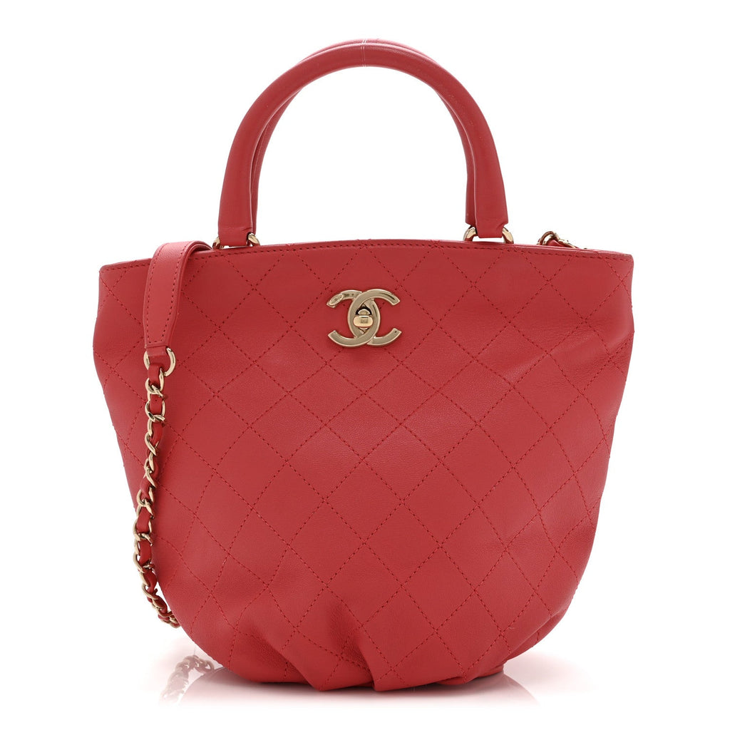 Calfskin Stitched Chain Bucket Bag Coral