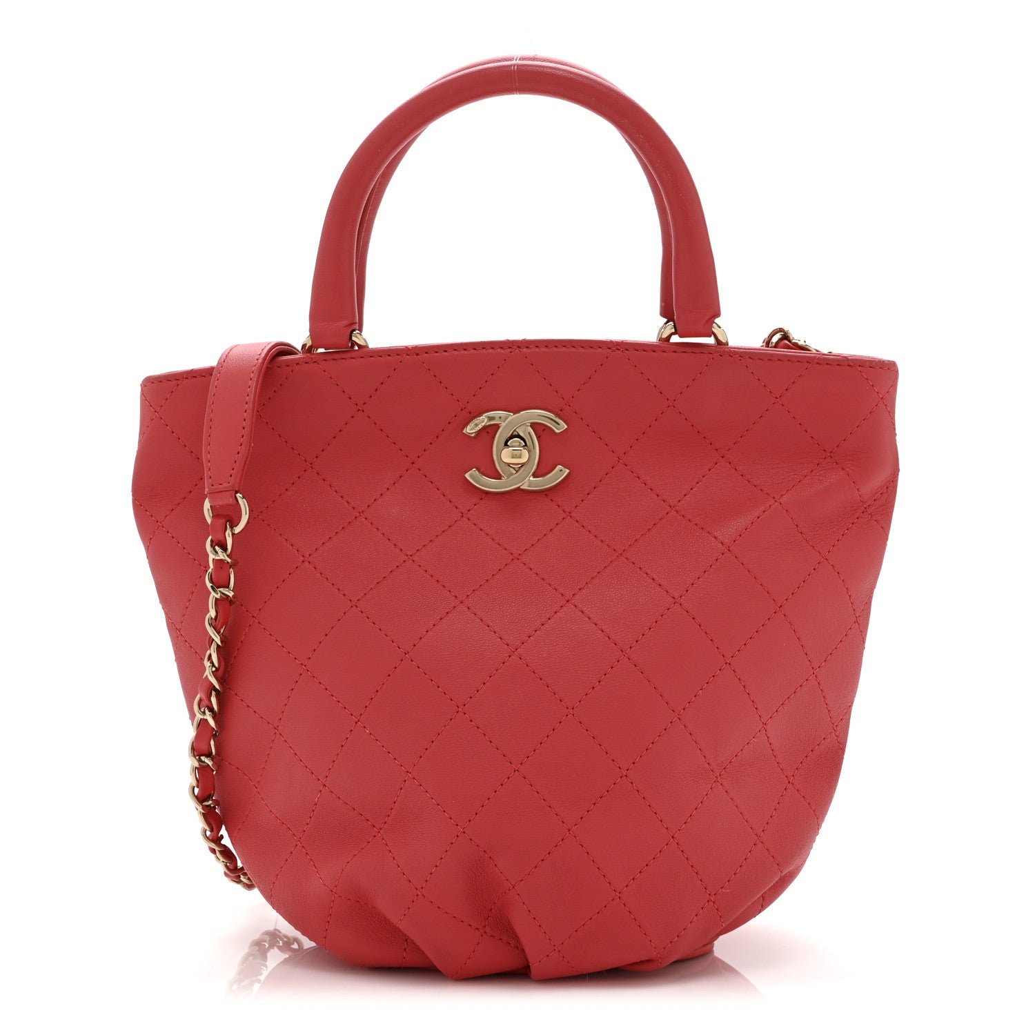 Calfskin Stitched Chain Bucket Bag Coral