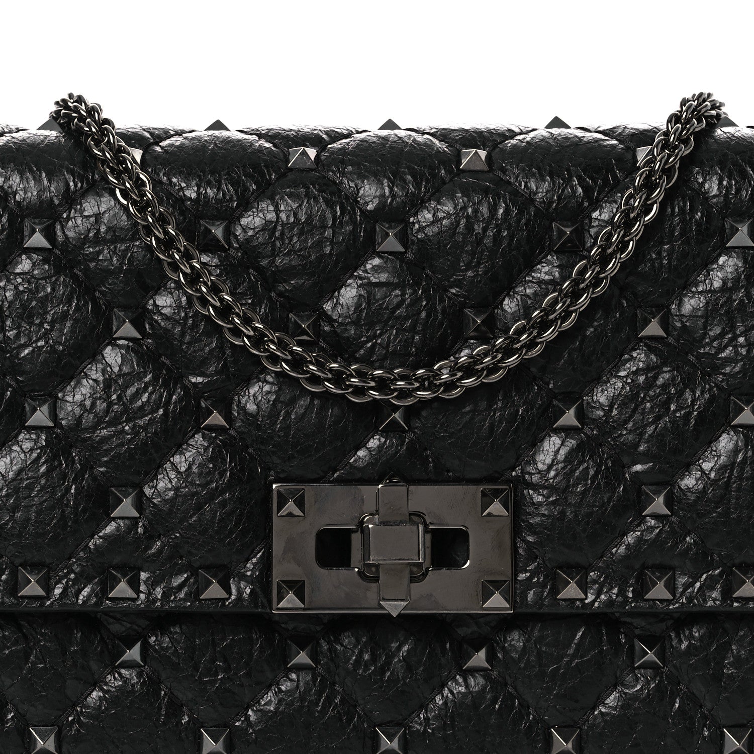Craquele Nappa Rockstud Spike Wallet on Chain Black