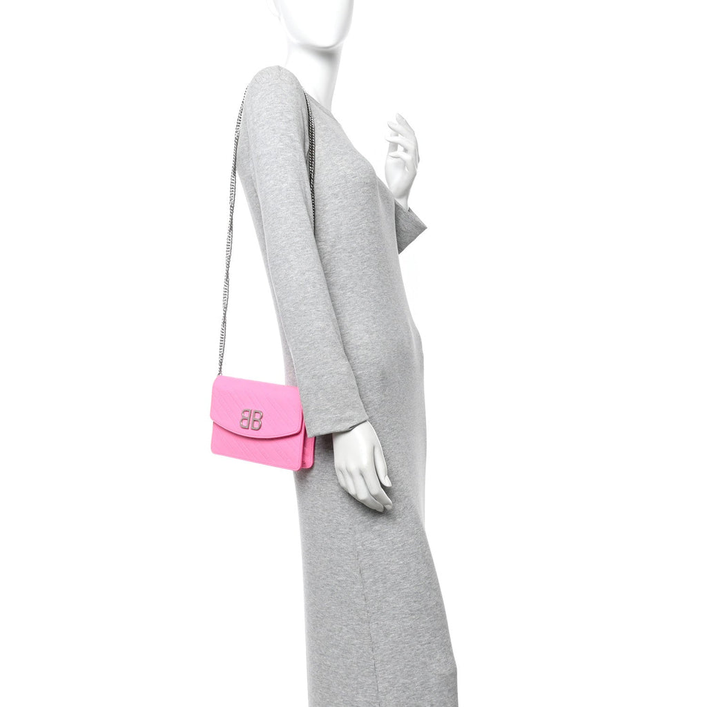 Shiny Goatskin Logo Embossed BB Wallet On Chain Acid Pink