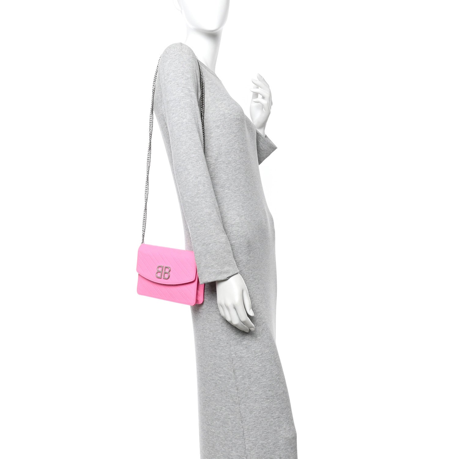 Shiny Goatskin Logo Embossed BB Wallet On Chain Acid Pink