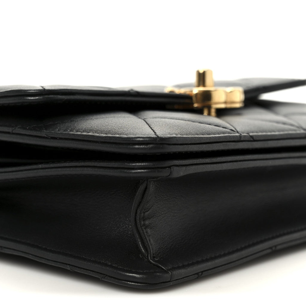 Shiny Calfskin Quilted Mini Metal Top Handle Flap Black