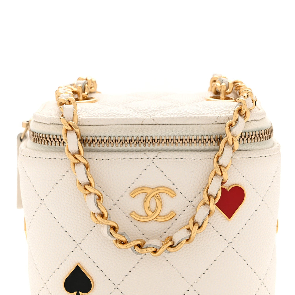 Caviar Quilted Enamel Coco Casino Mini Vanity Case With Chain White