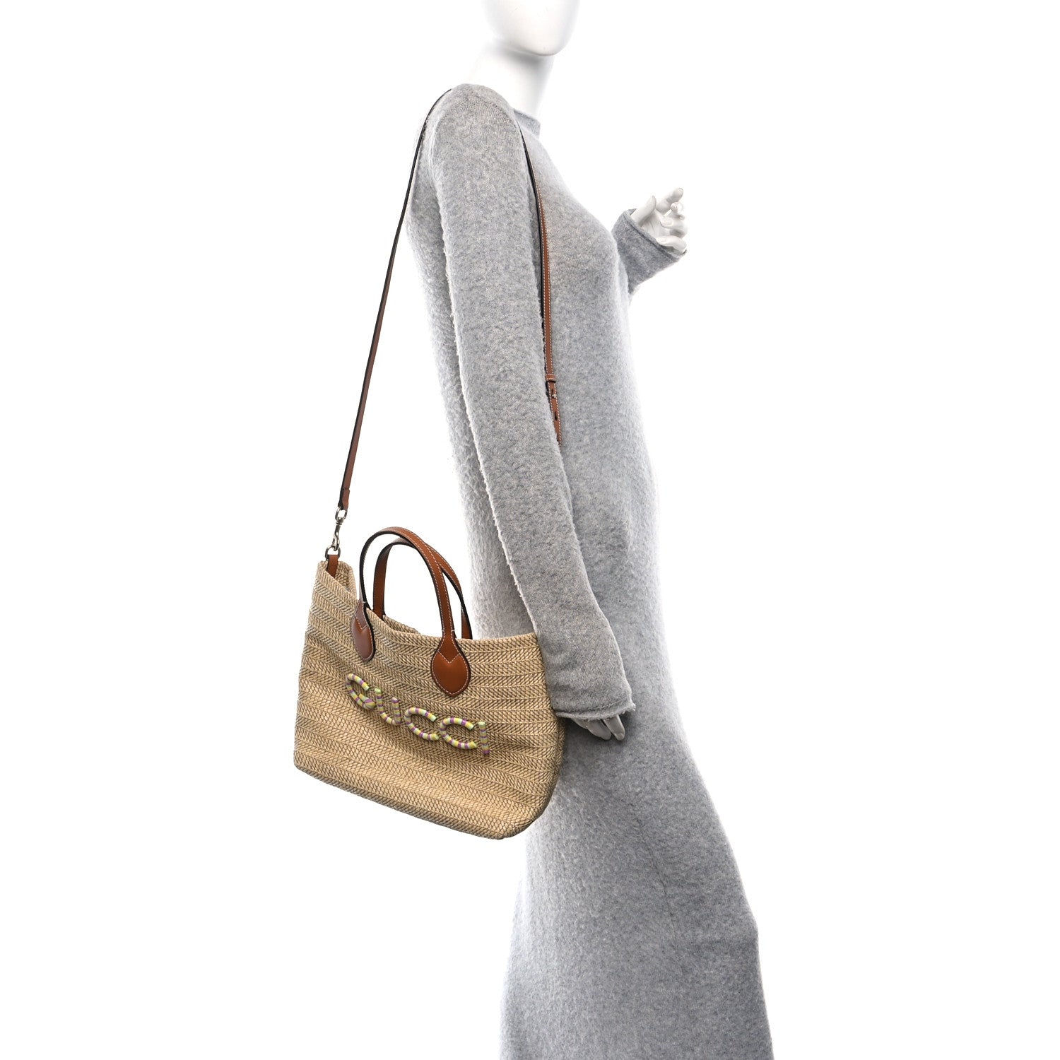 Raffia Woven Logo Patch Medium Tote Bag Natural Brown Multicolor