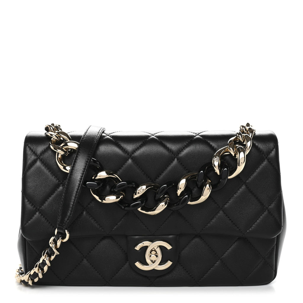 Lambskin Quilted Resin Bi-Color Chain Flap Bag Black