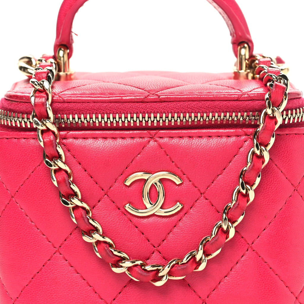 Lambskin Quilted Mini Top Handle Vanity Case With Chain Dark Pink
