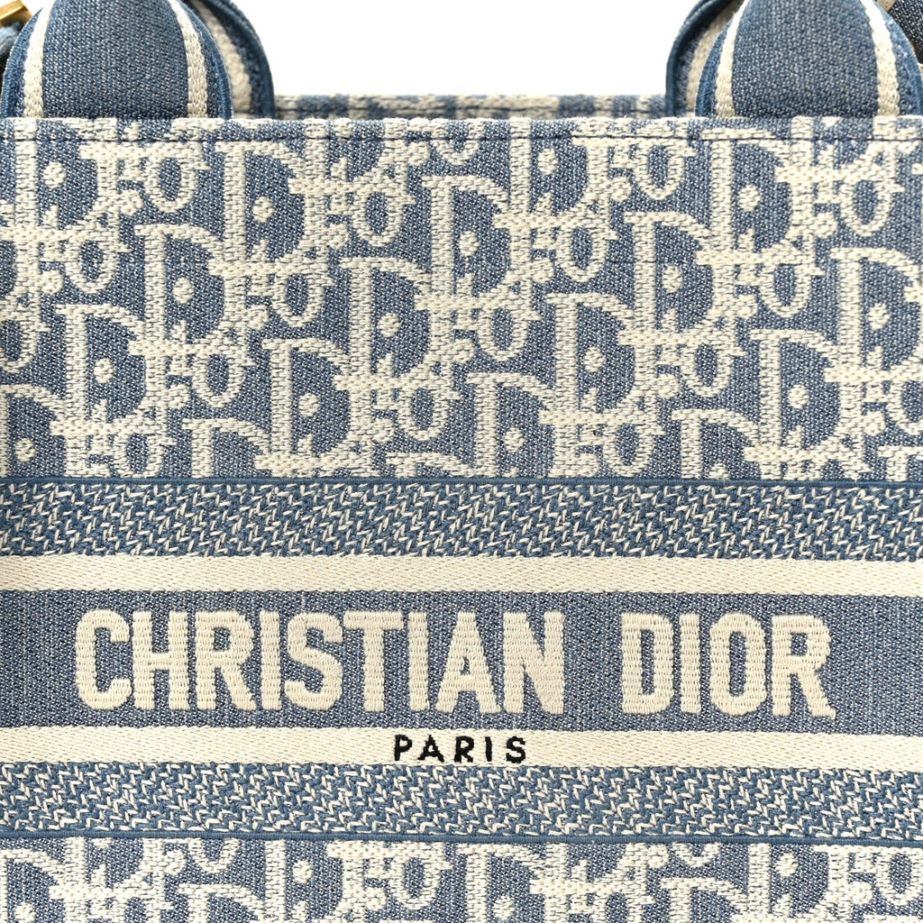 Oblique Chambray Calfskin Small Book Tote With Strap Blue Latte