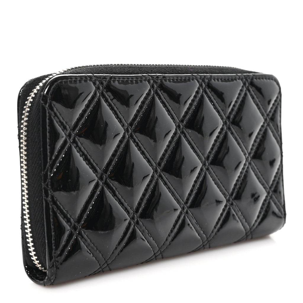 Patent Quilted Double Stitched Zip Around Wallet Black