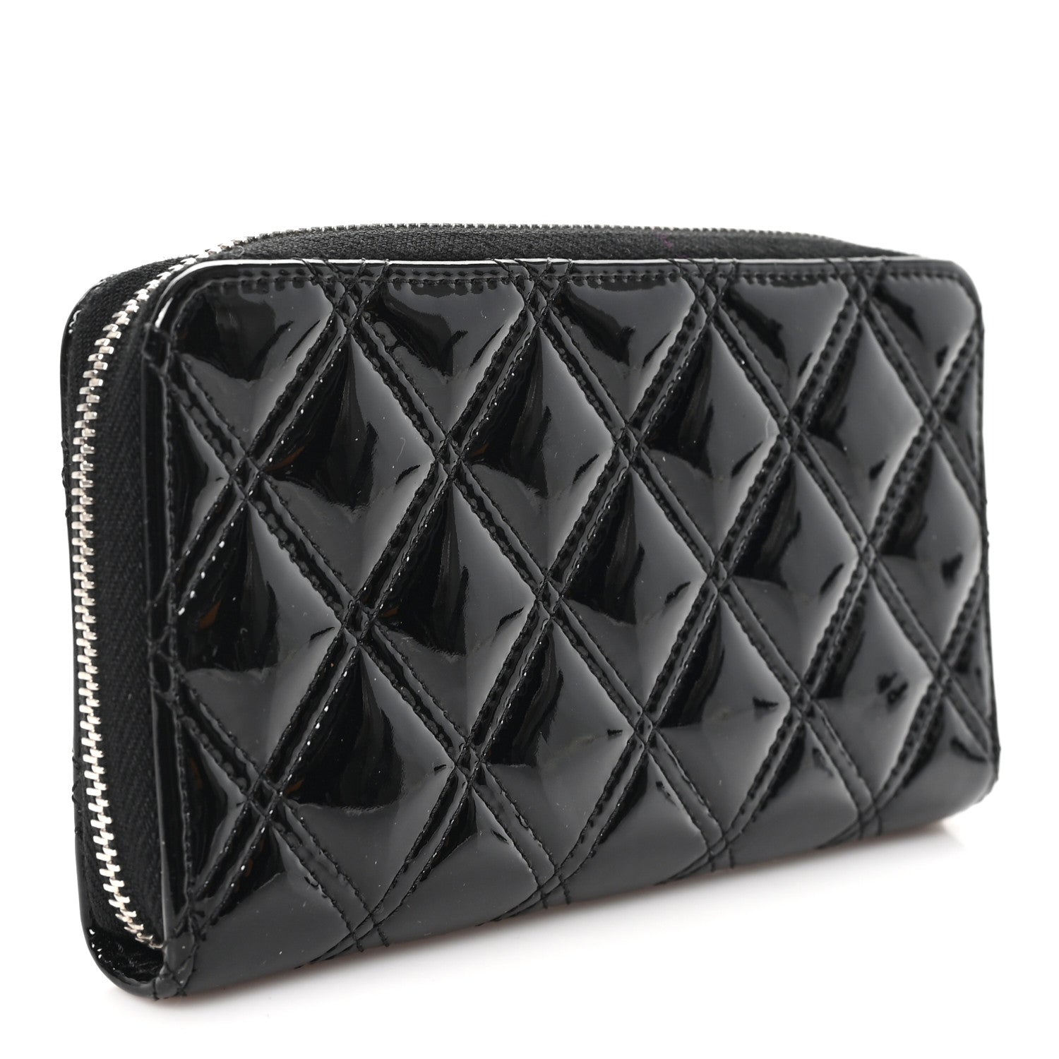 Patent Quilted Double Stitched Zip Around Wallet Black