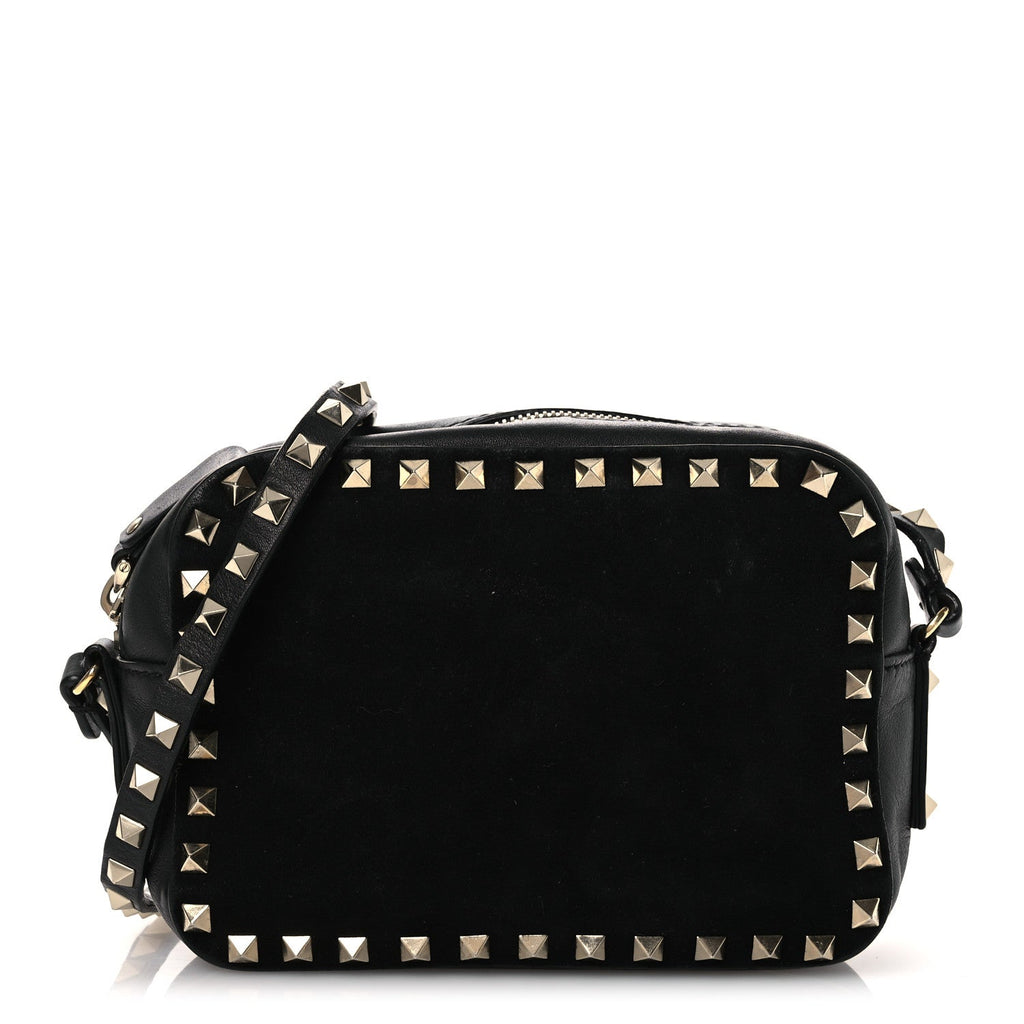 Calfskin Suede Rockstud Camera Crossbody Bag Black
