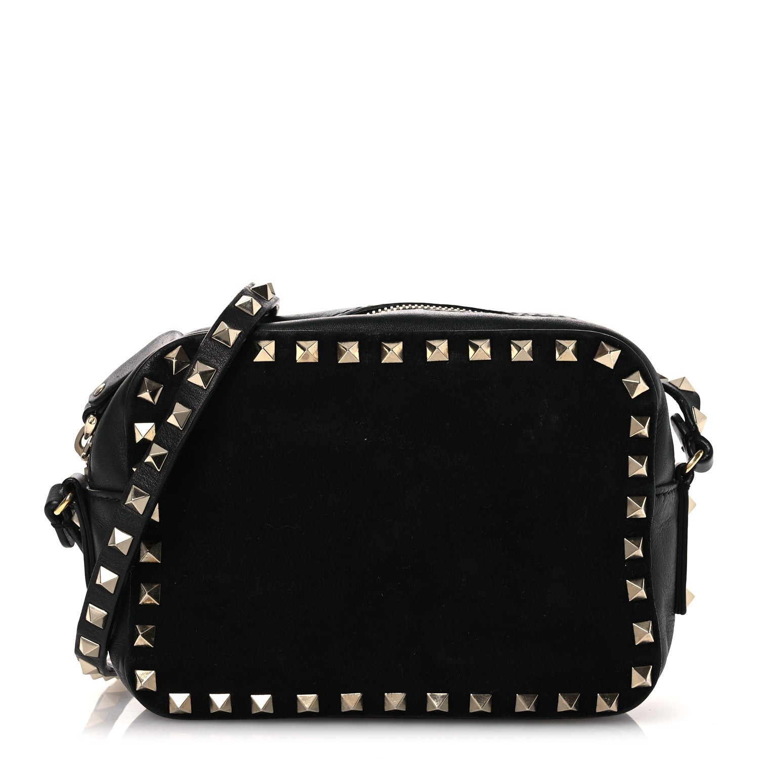 Calfskin Suede Rockstud Camera Crossbody Bag Black
