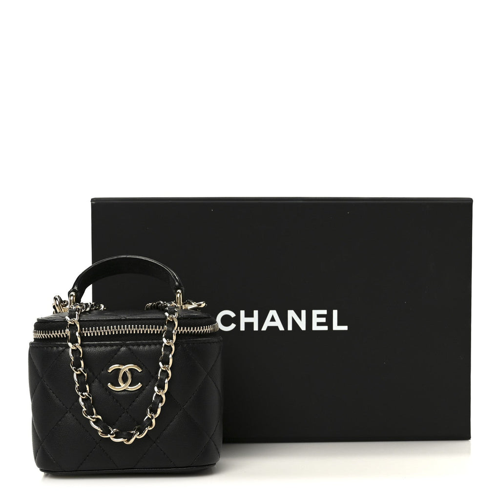 Lambskin Quilted Top Handle Mini Vanity Case With Chain Black