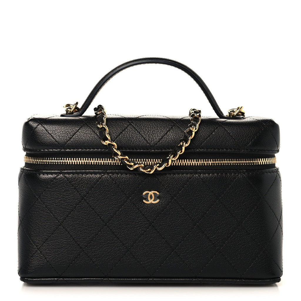 Goatskin Stitched Top Handle Slim Vanity With Chain Black