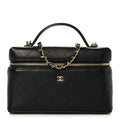 Goatskin Stitched Top Handle Slim Vanity With Chain Black