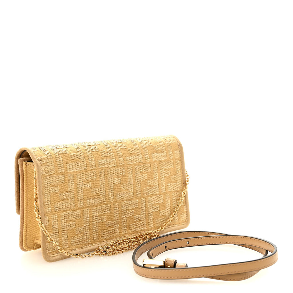 Fabric Jacquard Raffia Straw FF 1974 Wallet On Chain Natural Dark Honey