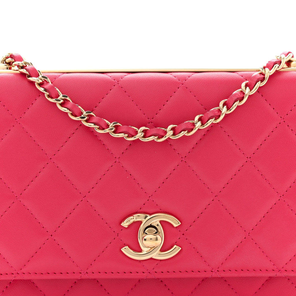 Lambskin Quilted Trendy CC Wallet On Chain WOC Dark Pink