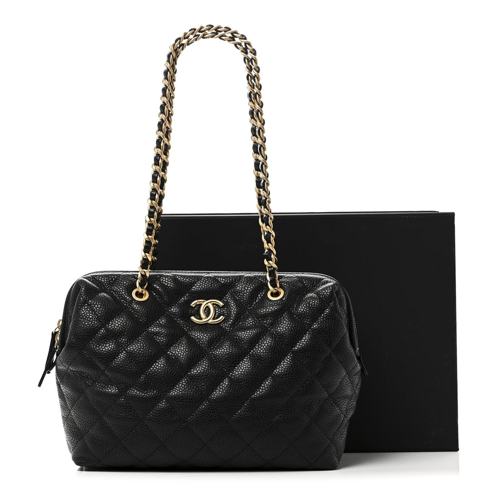 Shiny Caviar Quilted Large Bowling Bag Black
