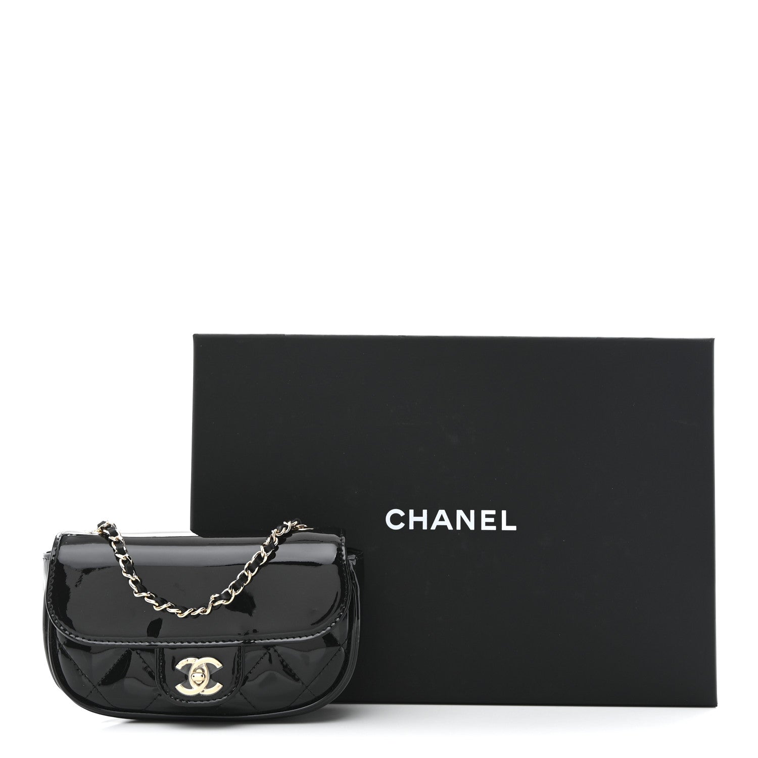 Patent Calfskin Quilted Mini Clutch Black