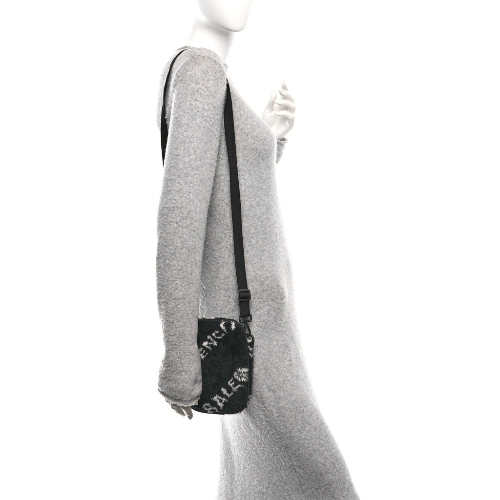 Faux Fur Diagonal Logo Explorer Crossbody Pouch  Black White