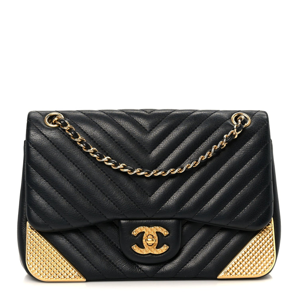 Calfskin Chevron Quilted Mini Rock The Corner Flap Black