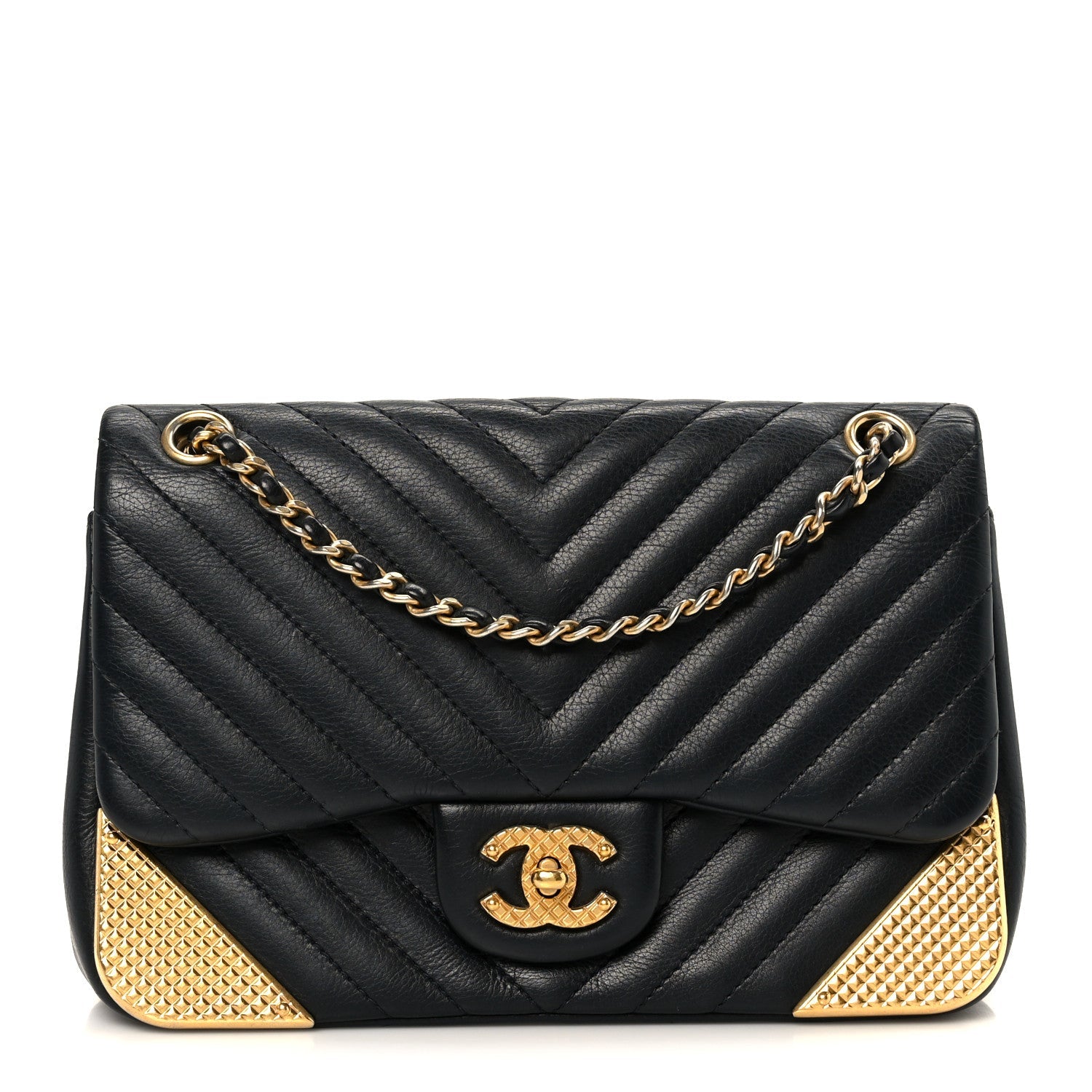 Calfskin Chevron Quilted Mini Rock The Corner Flap Black