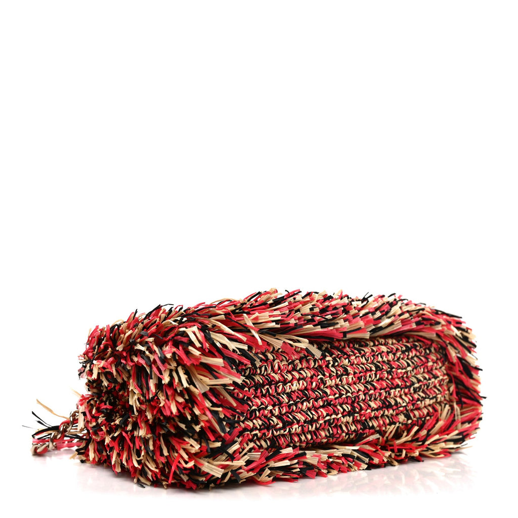 Raffia Fringe Nano Kelly Shopper Red Beige Black