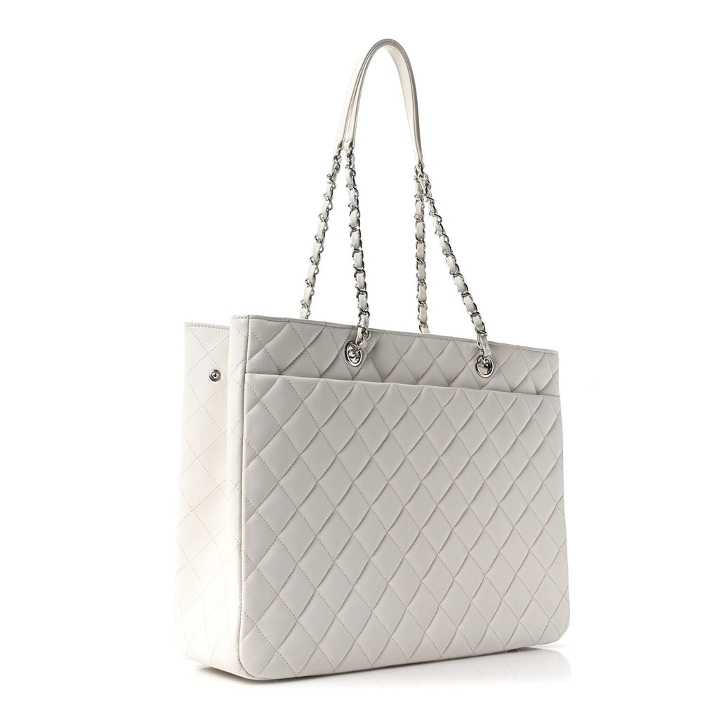 Calfskin Quilted Large Classic Shopping Tote White