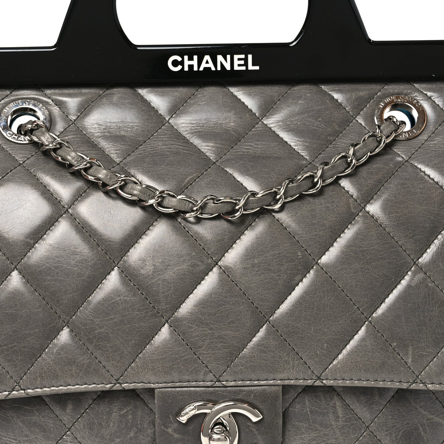 Glazed Calfskin Quilted Large CC Delivery Tote Grey