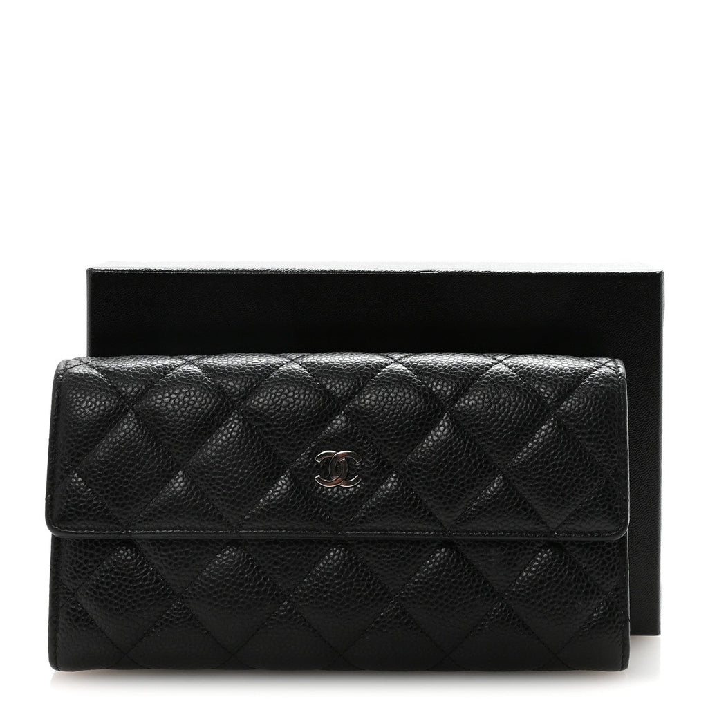 Caviar Quilted Large Gusset Flap Wallet Black