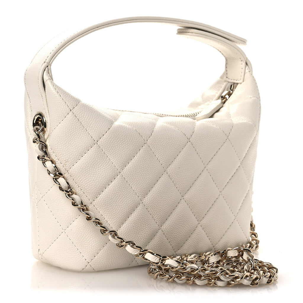 Caviar Quilted Hobo Clutch With Chain White