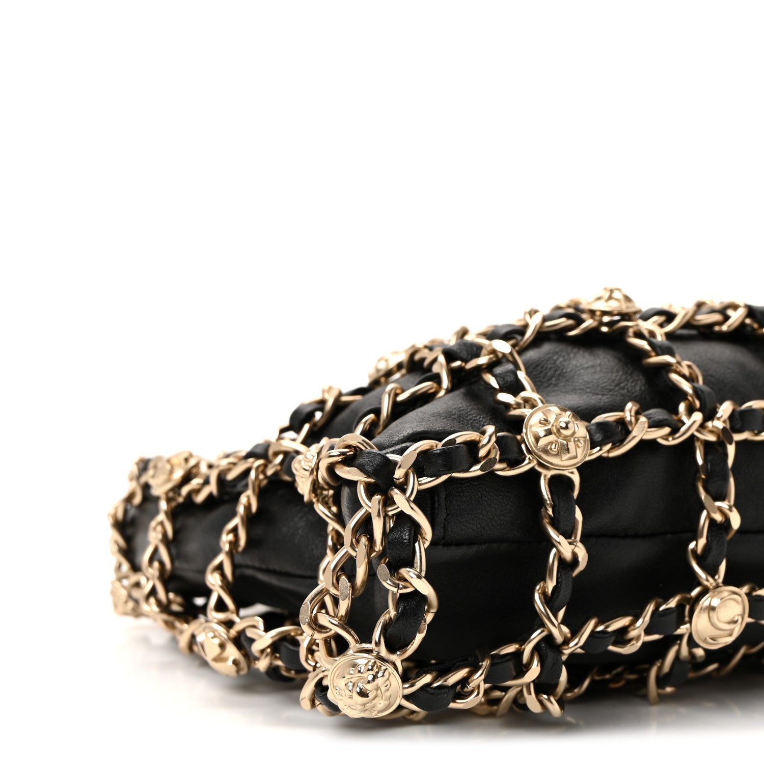 Lambskin Chain Frame Medallion Shoulder Bag Black