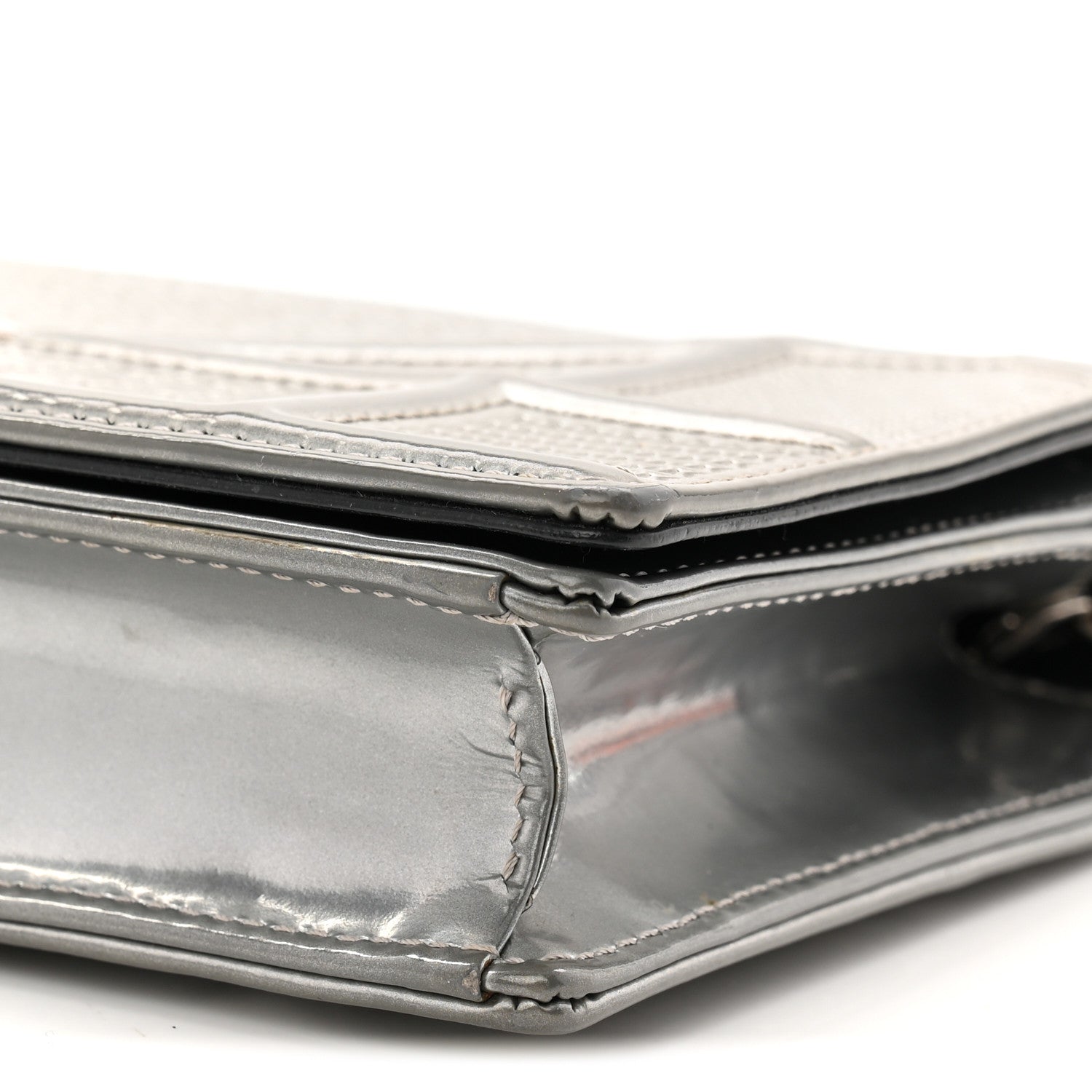 Metallic Patent Micro-Cannage Diorama Wallet on Chain Pouch Silver