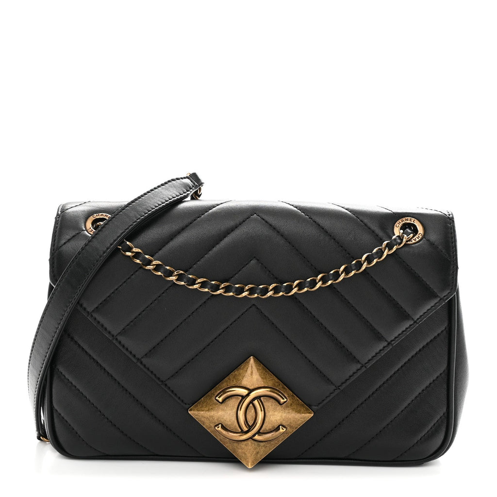 Lambskin Chevron Quilted Small Pyramid CC Flap Black