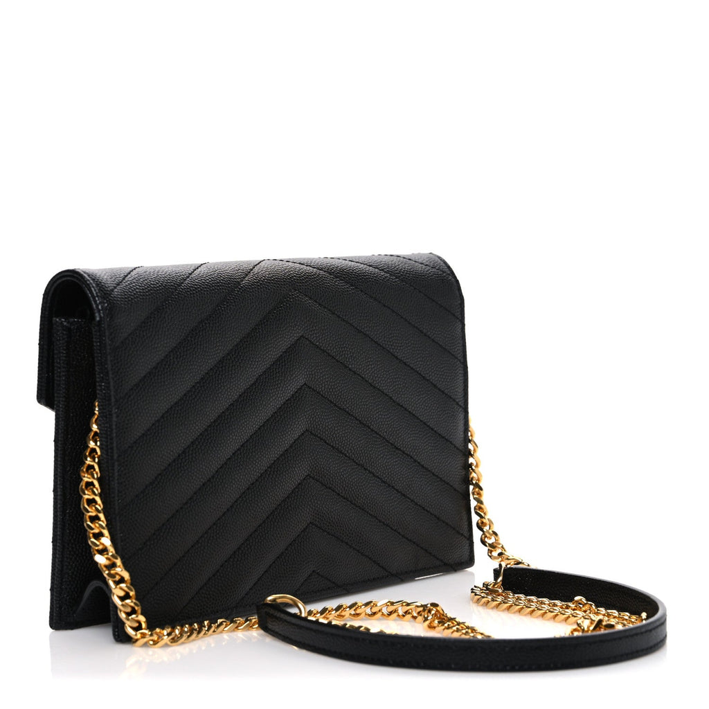 Grain De Poudre Matelasse Chevron Monogram Envelope Chain Wallet Black