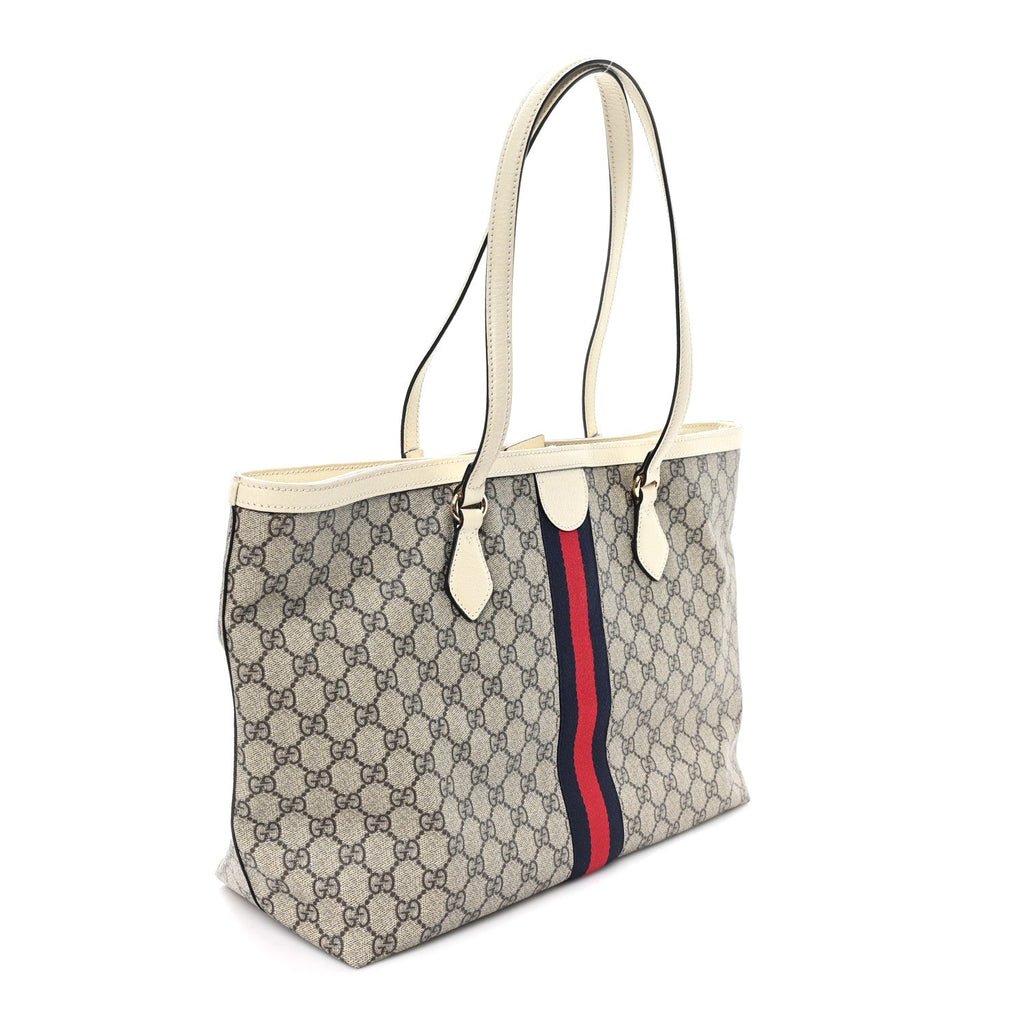GG Supreme Monogram Textured Dollar Calfskin Web Medium Ophidia Shopping Tote Beige Ebony Mystic White