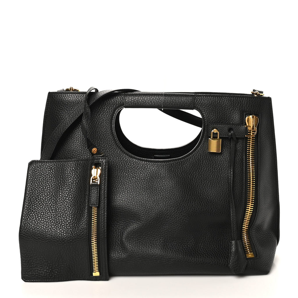 Pebbled Calfskin Alix Padlock Foldover Bag Black