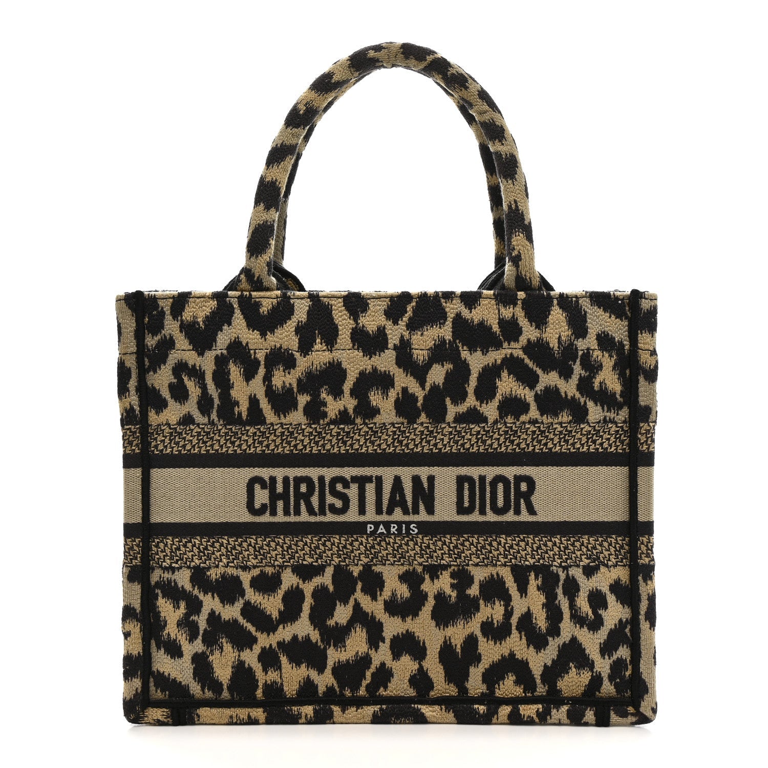 Canvas Mizza Embroidered Small Leopard Book Tote Beige