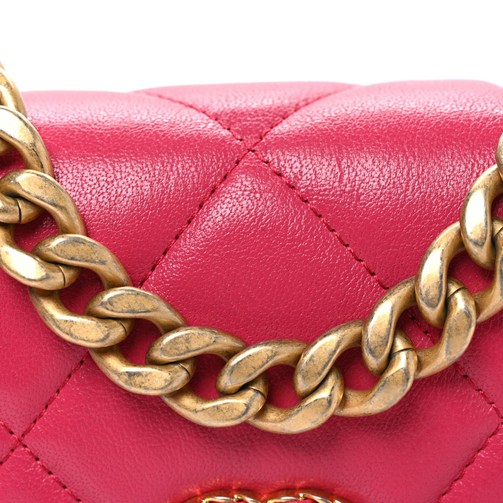 Shiny Goatskin Quilted Chanel 19 Wallet On Chain WOC Pink