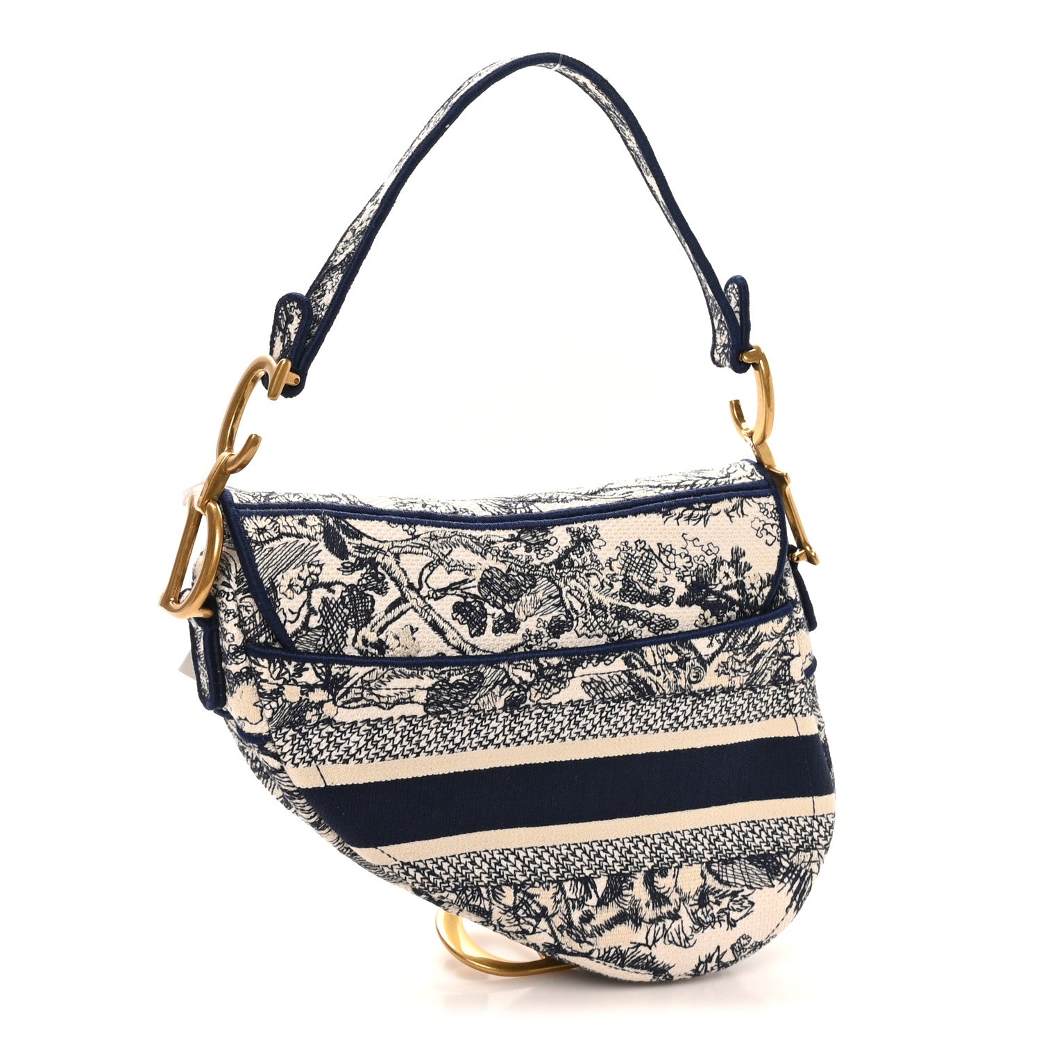 Canvas Embroidered Toile de Jouy Saddle Bag Blue