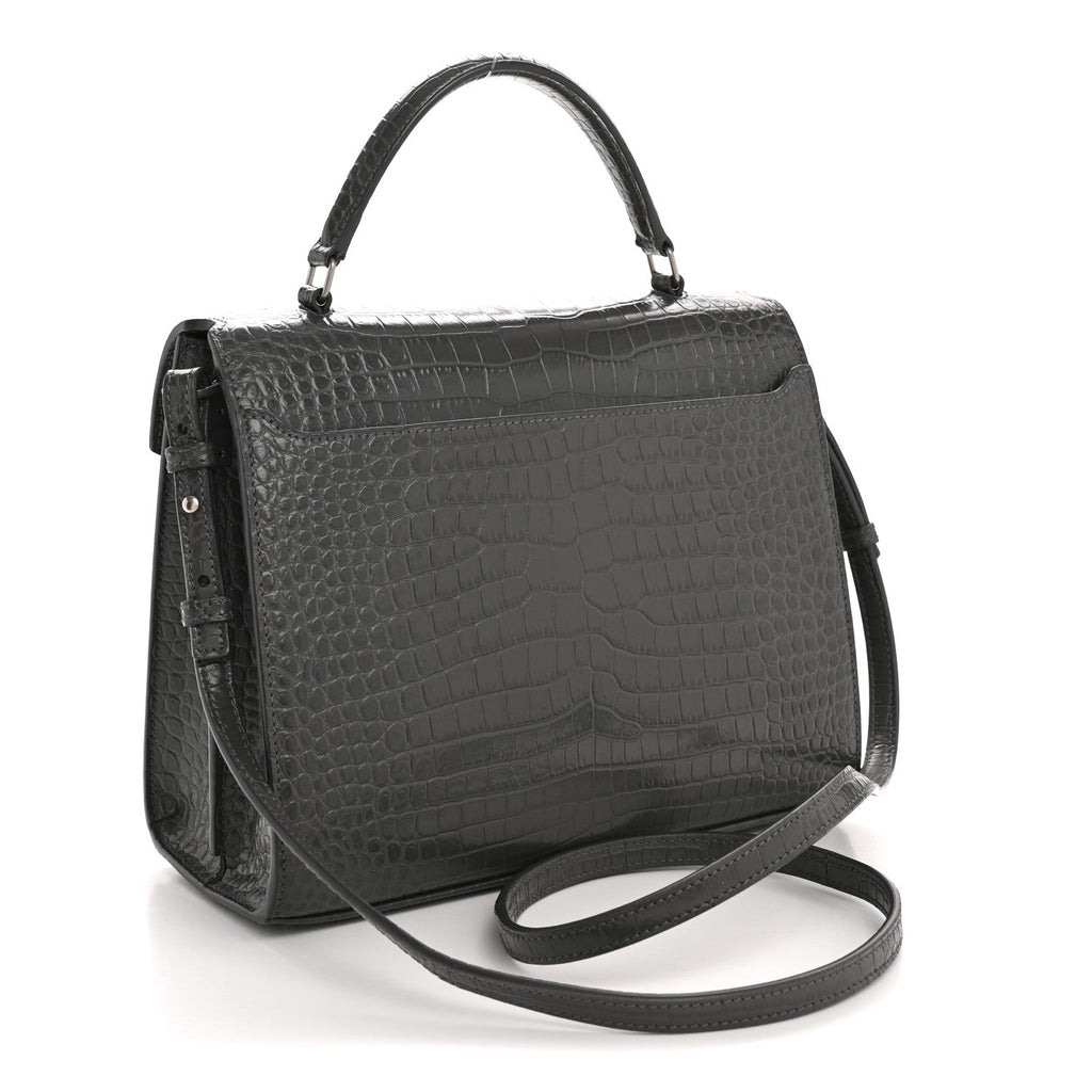 Calfskin Crocodile Embossed Medium Classic Monogram Cassandra Top Handle Fog