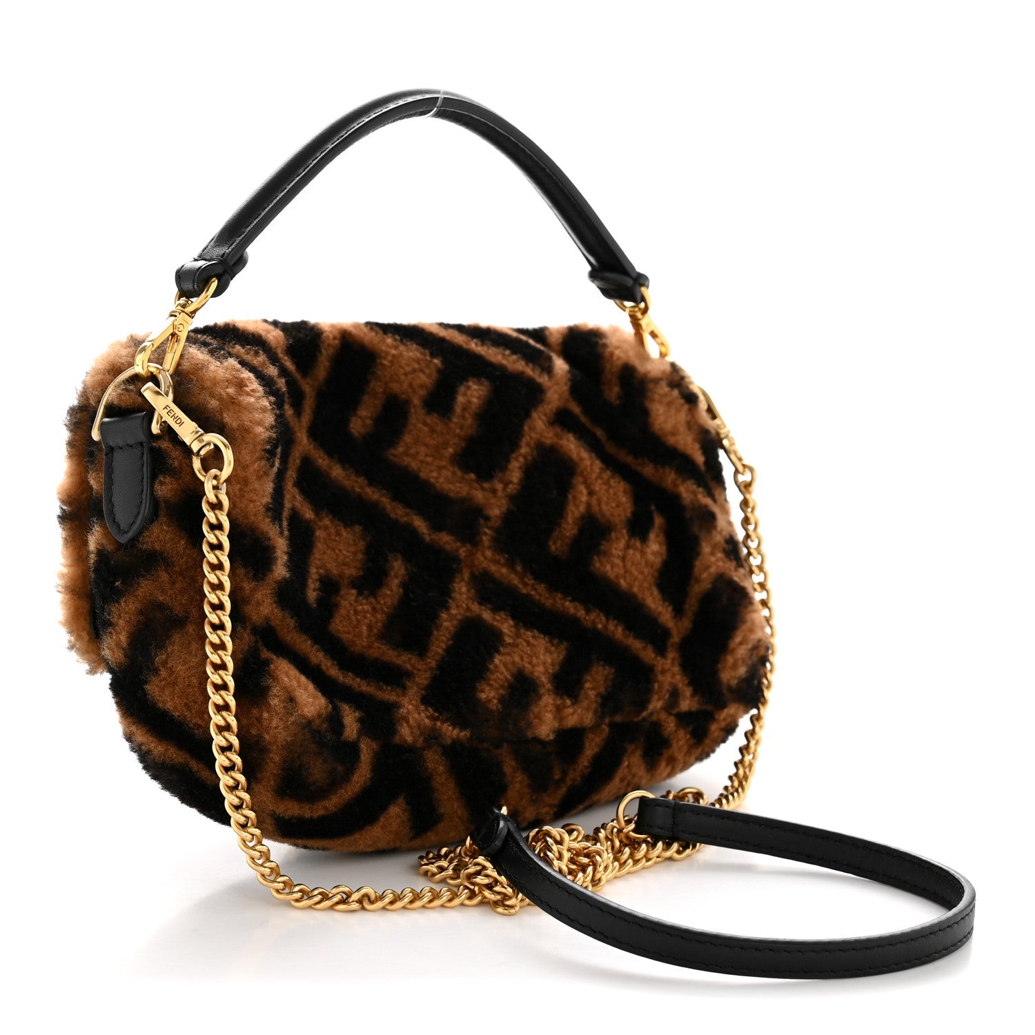 Shearling Vitello Dolce Macro FF 1974 Mini Baguette Tobacco Black