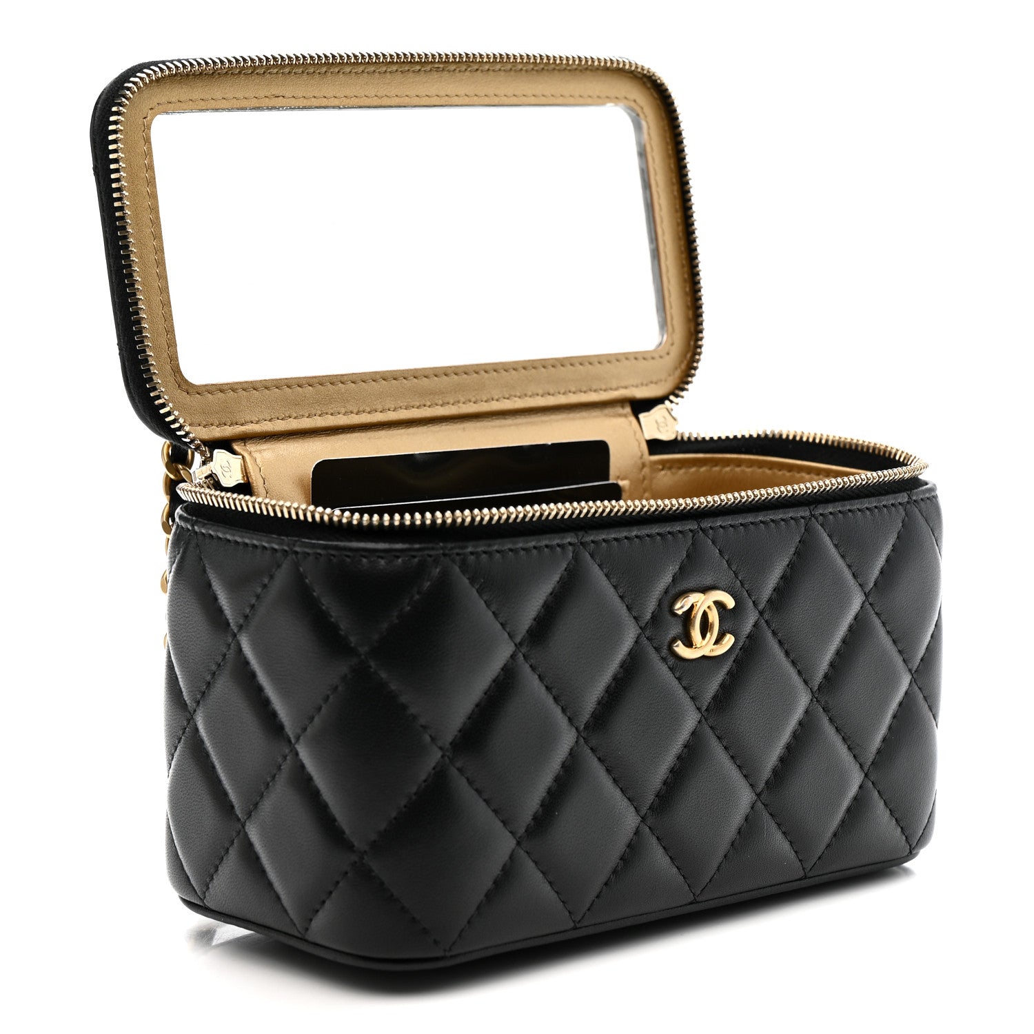 Lambskin Quilted Pearl Crush Small Vanity Case With Chain Black