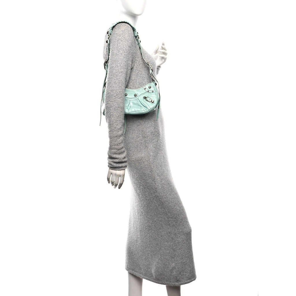 Extra Supple Calfskin Crocodile Embossed Le Cagole Shoulder Bag XS Green Acqua