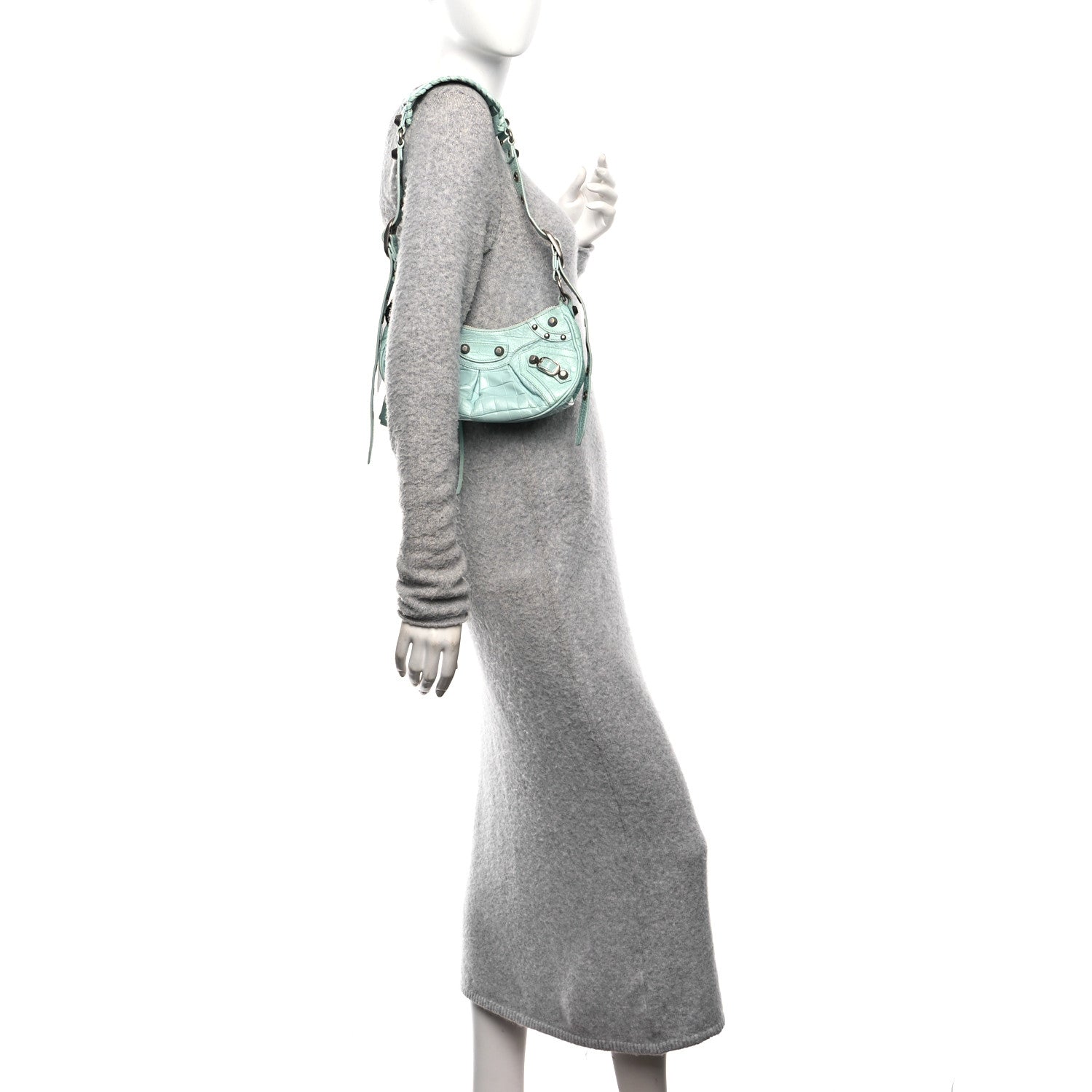 Extra Supple Calfskin Crocodile Embossed Le Cagole Shoulder Bag XS Green Acqua