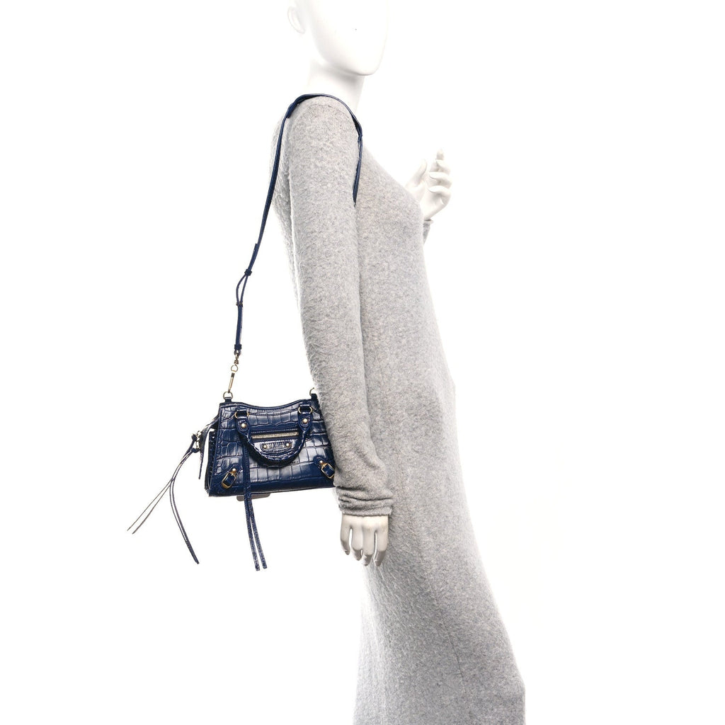 Shiny Supple Calfskin Crocodile Embossed Neo Classic Gold Hardware Mini City Navy