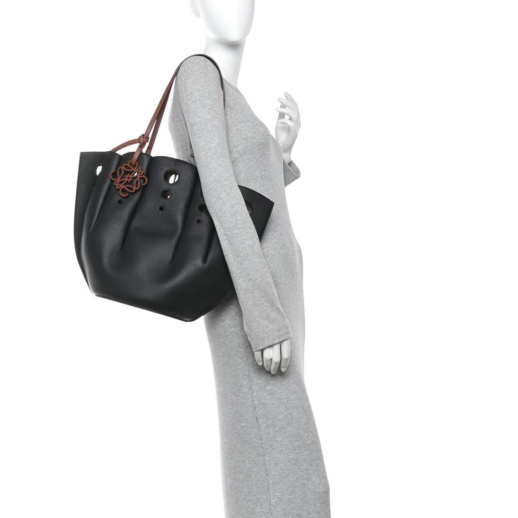 Calfskin Perforated Small Shell Tote  Black