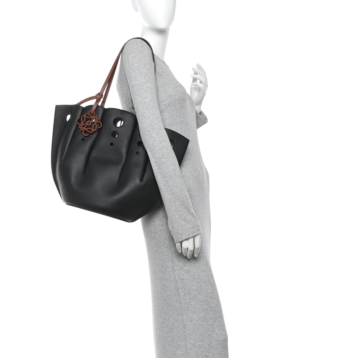 Calfskin Perforated Small Shell Tote  Black