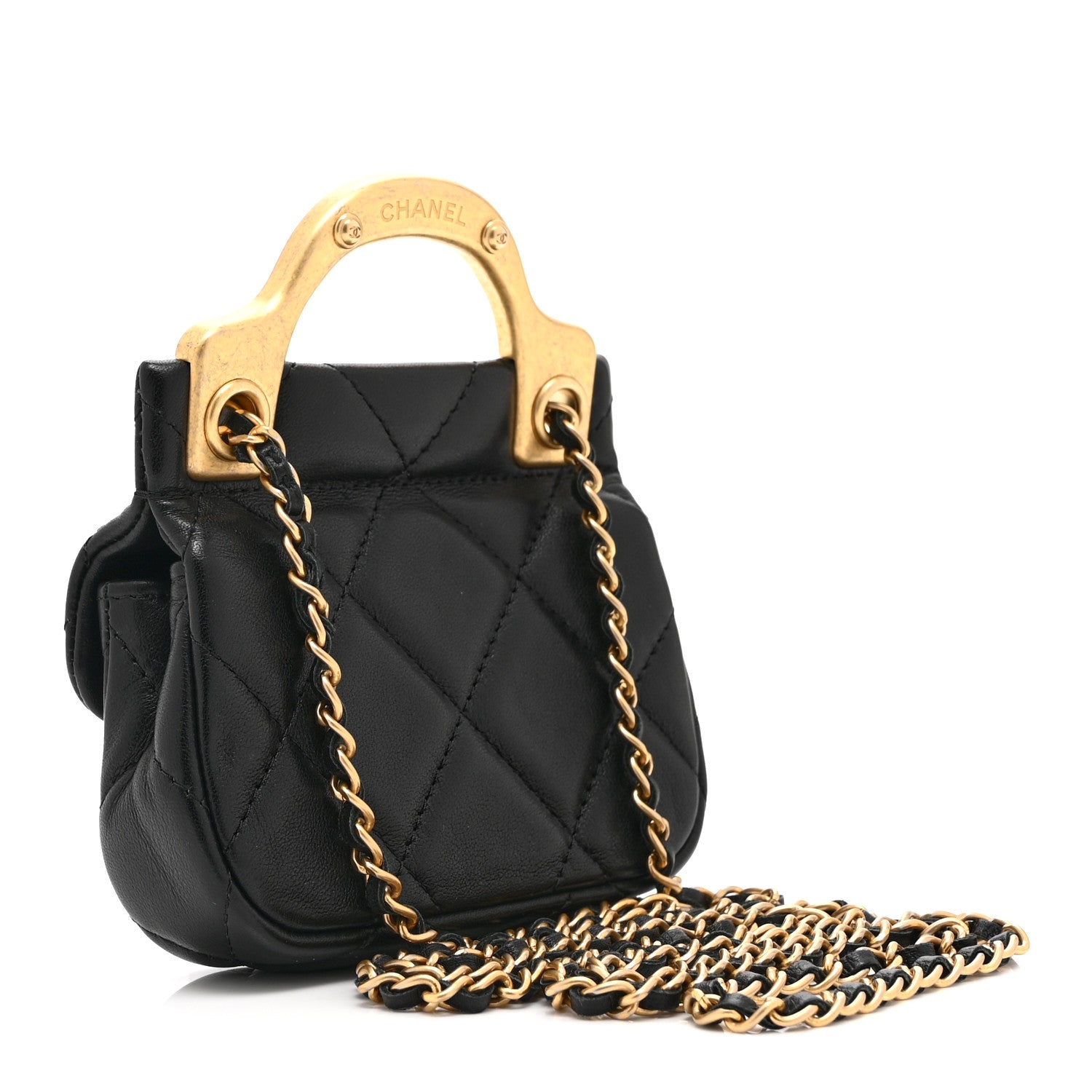 Calfskin Quilted Lady Handle Flap  Holder With Chain Black