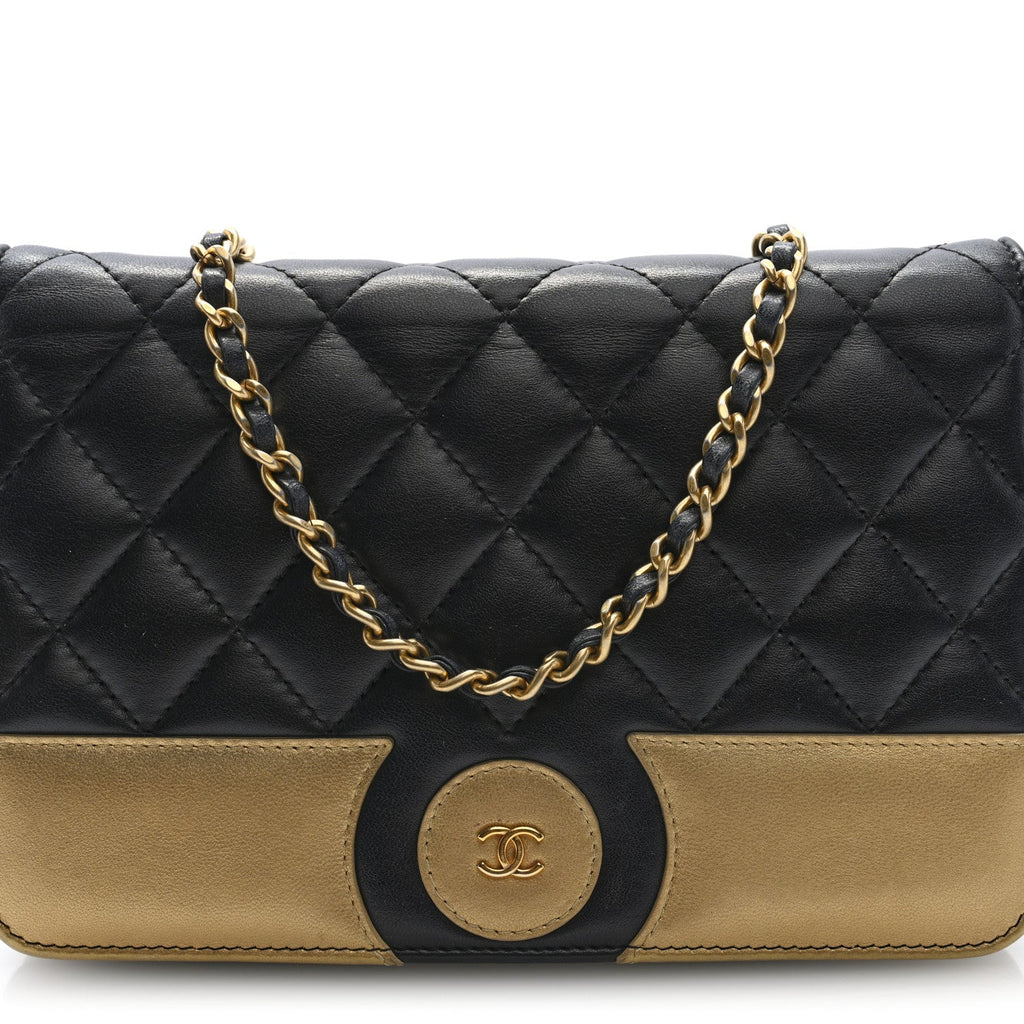 Lambskin Quilted Wallet On Chain WOC Black Gold