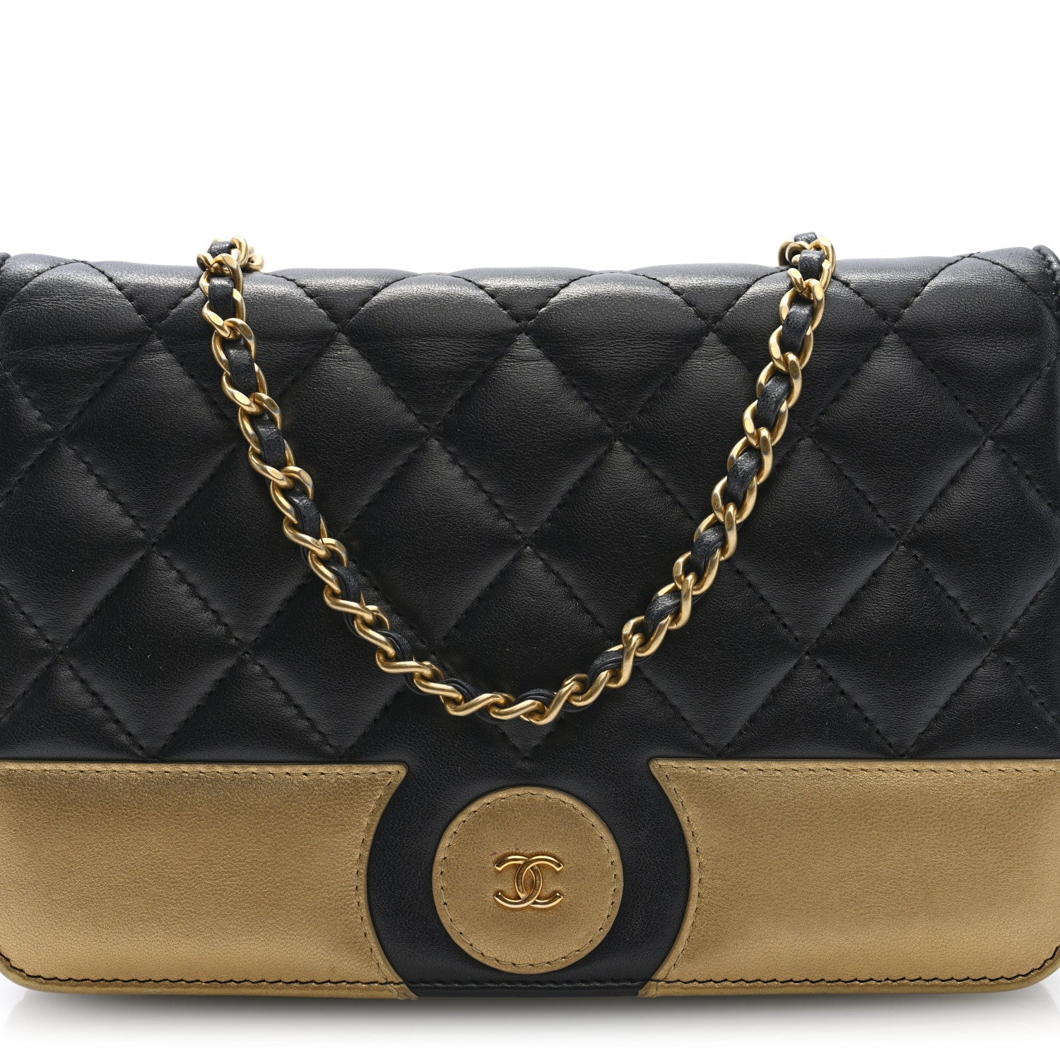 Lambskin Quilted Wallet On Chain WOC Black Gold